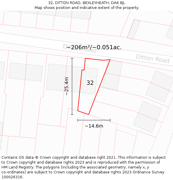 32, DITTON ROAD, BEXLEYHEATH, DA6 8JL: Plot and title map