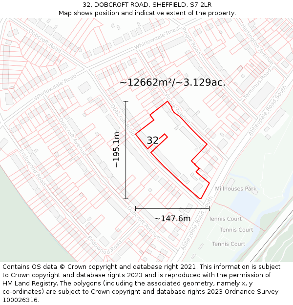 32, DOBCROFT ROAD, SHEFFIELD, S7 2LR: Plot and title map