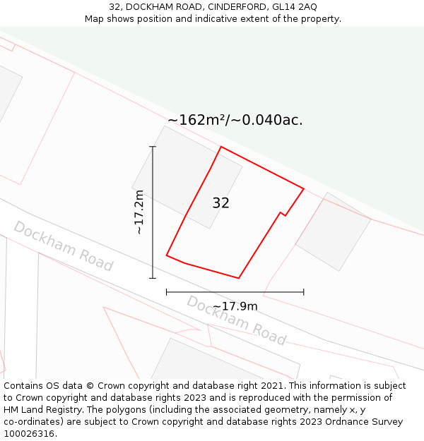 32, DOCKHAM ROAD, CINDERFORD, GL14 2AQ: Plot and title map