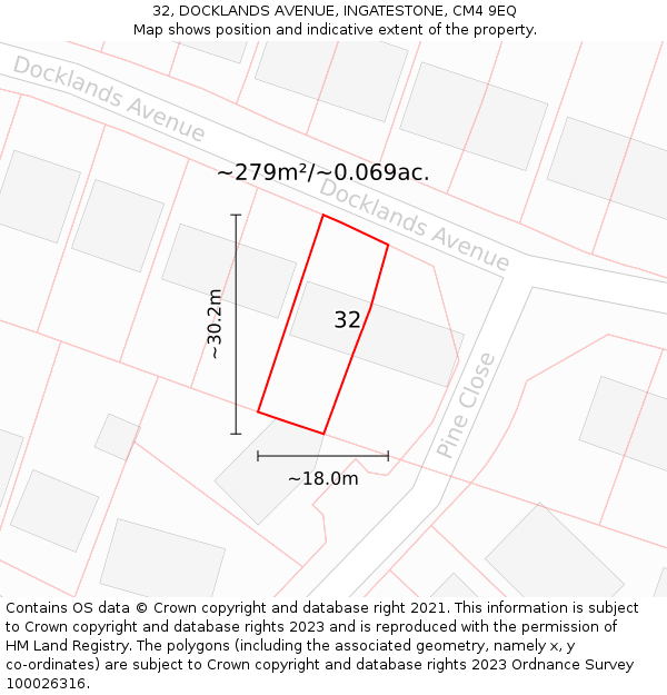 32, DOCKLANDS AVENUE, INGATESTONE, CM4 9EQ: Plot and title map