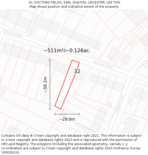 32, DOCTORS FIELDS, EARL SHILTON, LEICESTER, LE9 7HN: Plot and title map