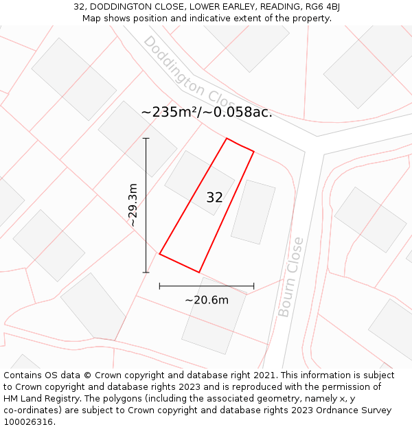 32, DODDINGTON CLOSE, LOWER EARLEY, READING, RG6 4BJ: Plot and title map