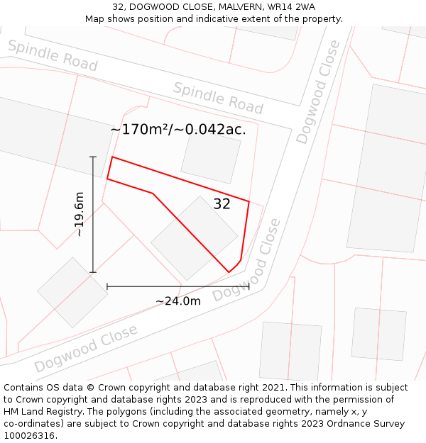 32, DOGWOOD CLOSE, MALVERN, WR14 2WA: Plot and title map