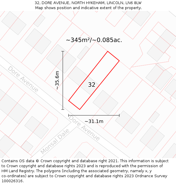 32, DORE AVENUE, NORTH HYKEHAM, LINCOLN, LN6 8LW: Plot and title map
