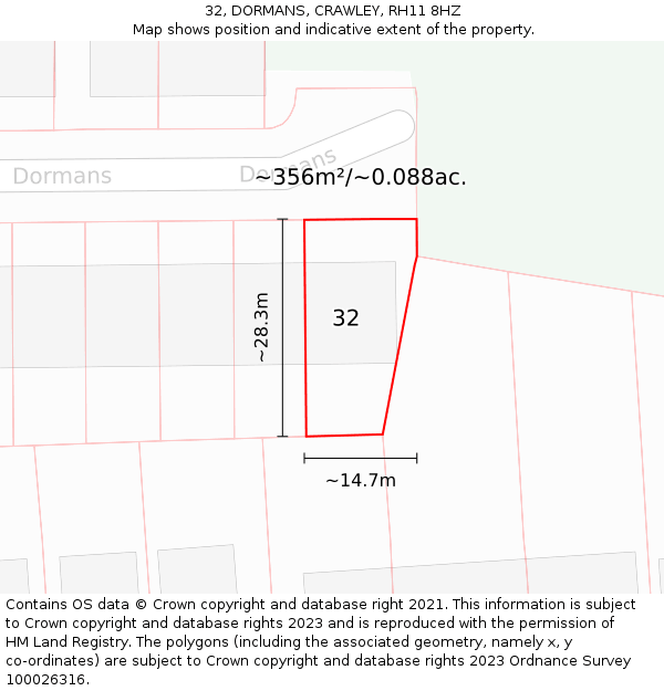 32, DORMANS, CRAWLEY, RH11 8HZ: Plot and title map