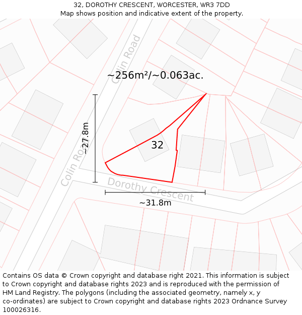 32, DOROTHY CRESCENT, WORCESTER, WR3 7DD: Plot and title map