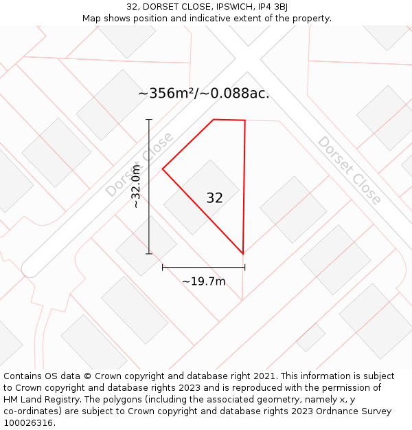 32, DORSET CLOSE, IPSWICH, IP4 3BJ: Plot and title map