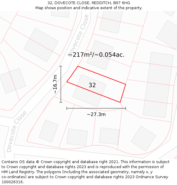 32, DOVECOTE CLOSE, REDDITCH, B97 6HG: Plot and title map