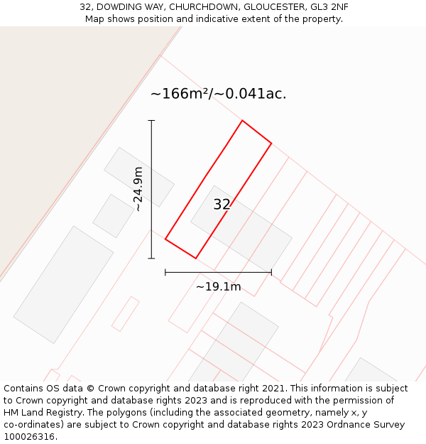 32, DOWDING WAY, CHURCHDOWN, GLOUCESTER, GL3 2NF: Plot and title map