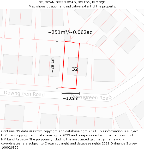 32, DOWN GREEN ROAD, BOLTON, BL2 3QD: Plot and title map