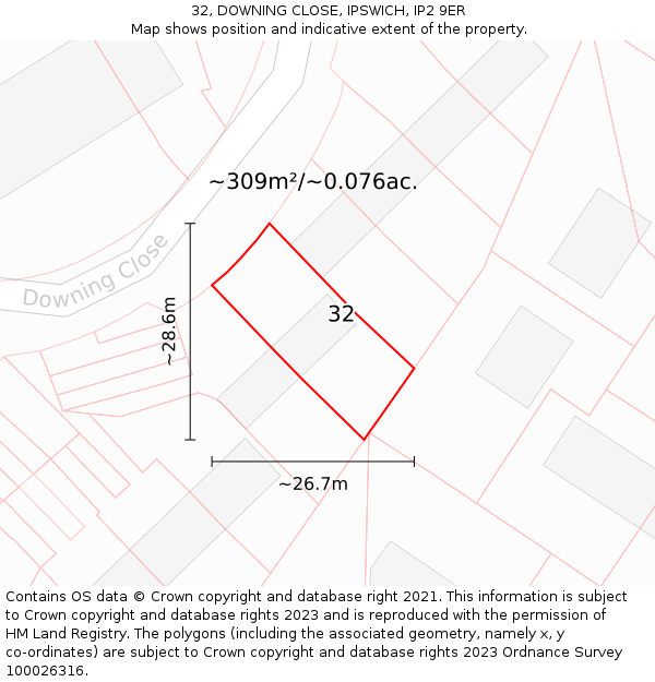 32, DOWNING CLOSE, IPSWICH, IP2 9ER: Plot and title map