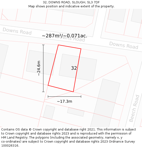 32, DOWNS ROAD, SLOUGH, SL3 7DF: Plot and title map