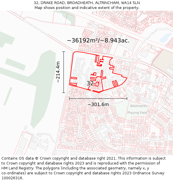 32, DRAKE ROAD, BROADHEATH, ALTRINCHAM, WA14 5LN: Plot and title map
