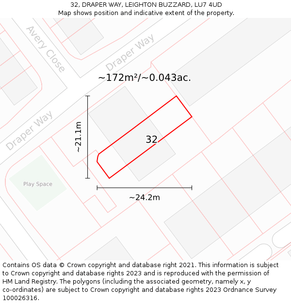 32, DRAPER WAY, LEIGHTON BUZZARD, LU7 4UD: Plot and title map