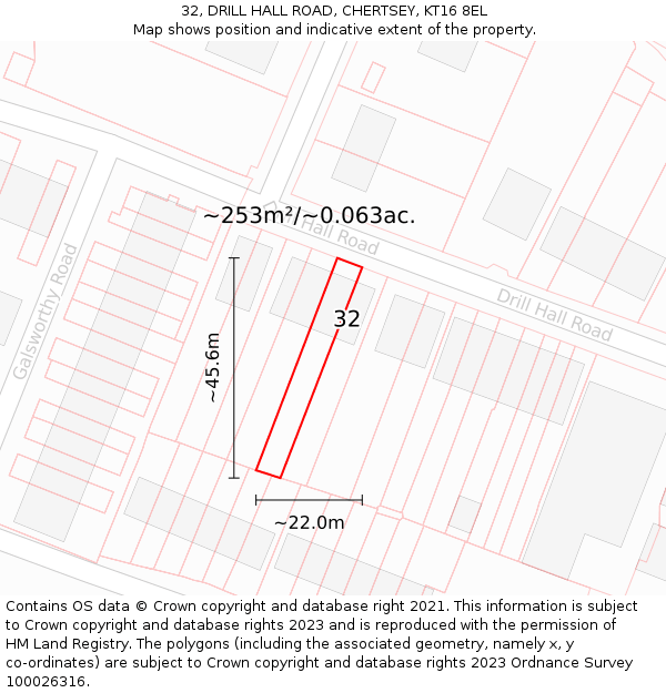 32, DRILL HALL ROAD, CHERTSEY, KT16 8EL: Plot and title map