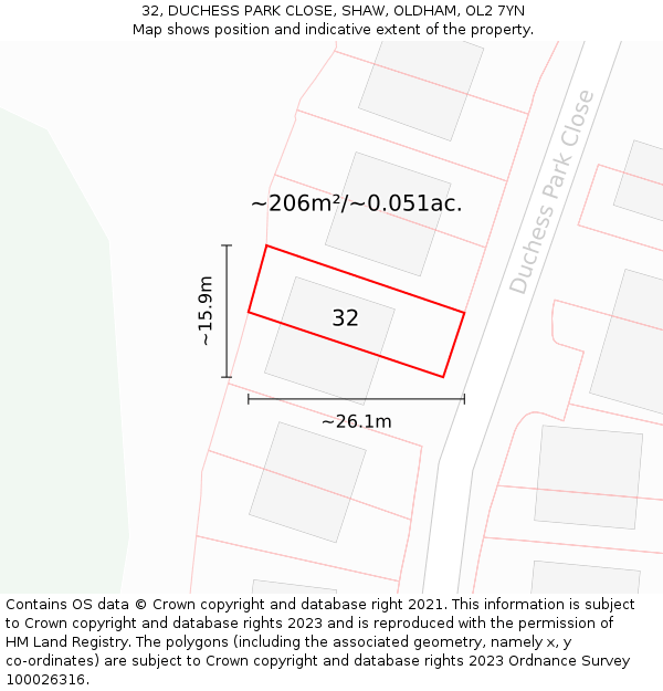 32, DUCHESS PARK CLOSE, SHAW, OLDHAM, OL2 7YN: Plot and title map