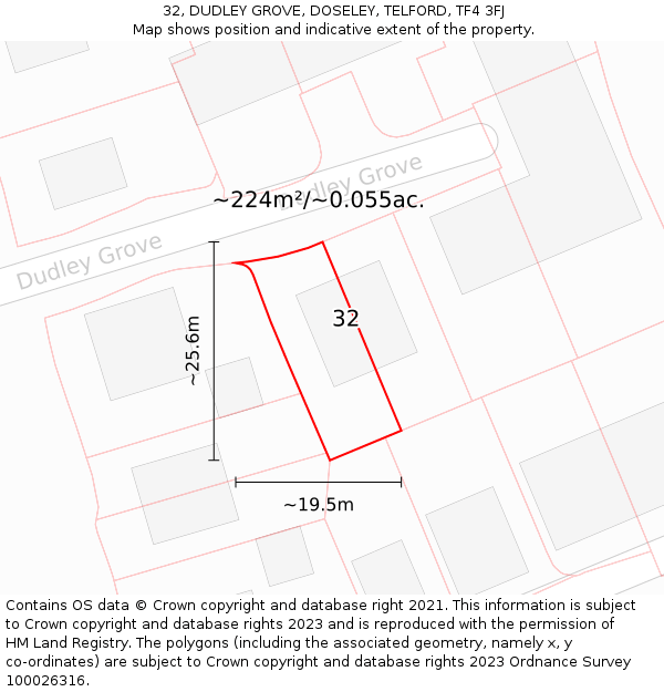 32, DUDLEY GROVE, DOSELEY, TELFORD, TF4 3FJ: Plot and title map