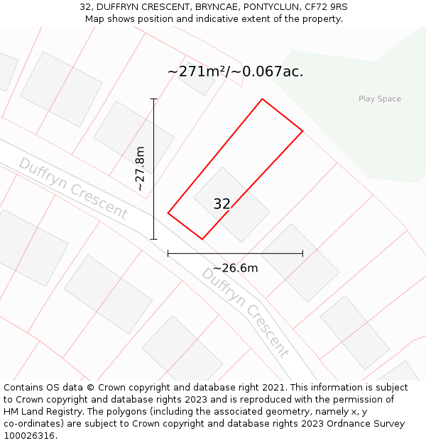 32, DUFFRYN CRESCENT, BRYNCAE, PONTYCLUN, CF72 9RS: Plot and title map