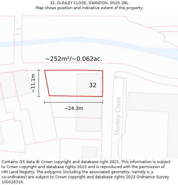 32, DUNLEY CLOSE, SWINDON, SN25 2BL: Plot and title map