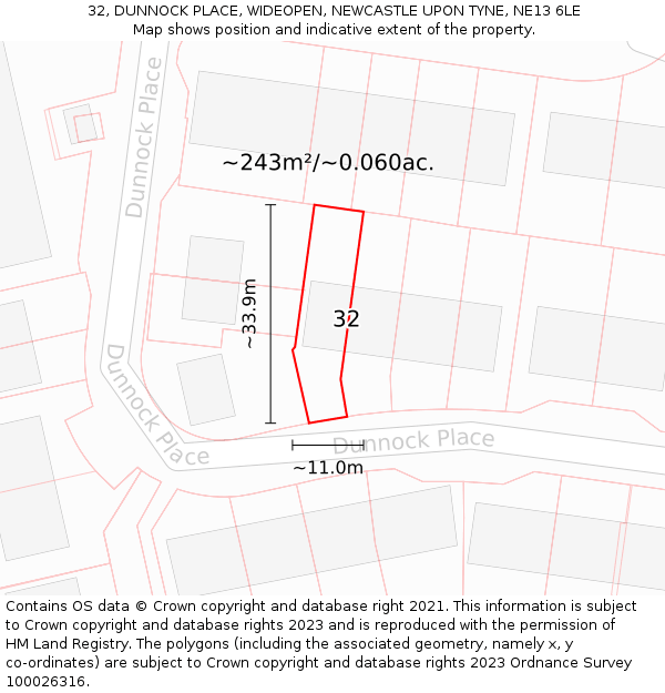 32, DUNNOCK PLACE, WIDEOPEN, NEWCASTLE UPON TYNE, NE13 6LE: Plot and title map