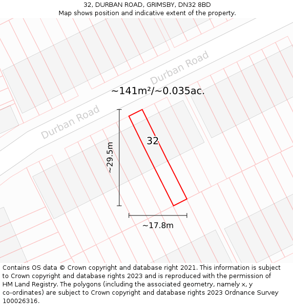 32, DURBAN ROAD, GRIMSBY, DN32 8BD: Plot and title map