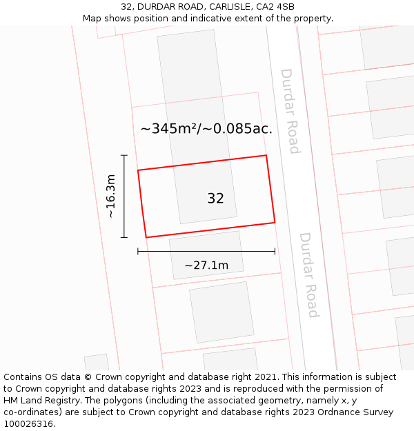 32, DURDAR ROAD, CARLISLE, CA2 4SB: Plot and title map