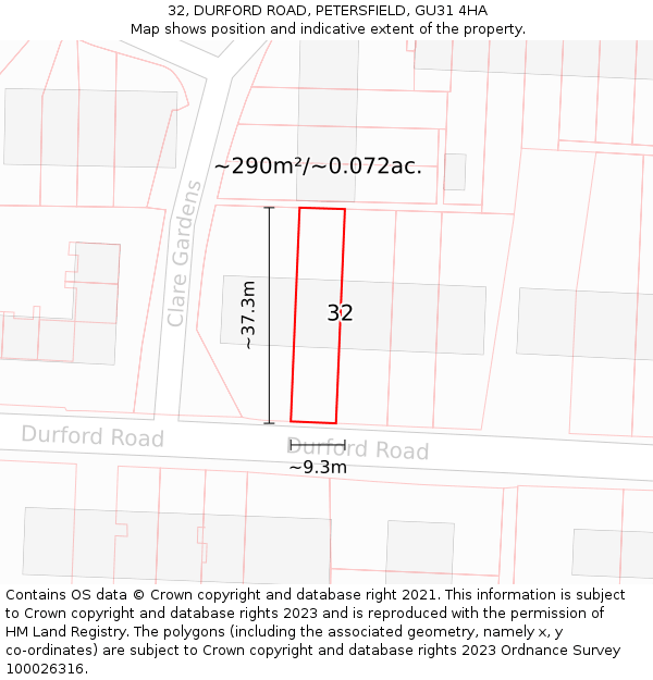 32, DURFORD ROAD, PETERSFIELD, GU31 4HA: Plot and title map