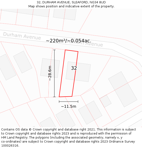 32, DURHAM AVENUE, SLEAFORD, NG34 8UD: Plot and title map