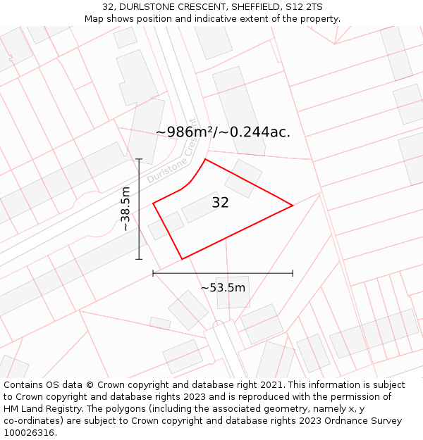32, DURLSTONE CRESCENT, SHEFFIELD, S12 2TS: Plot and title map