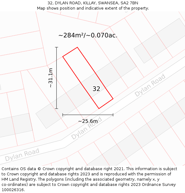 32, DYLAN ROAD, KILLAY, SWANSEA, SA2 7BN: Plot and title map