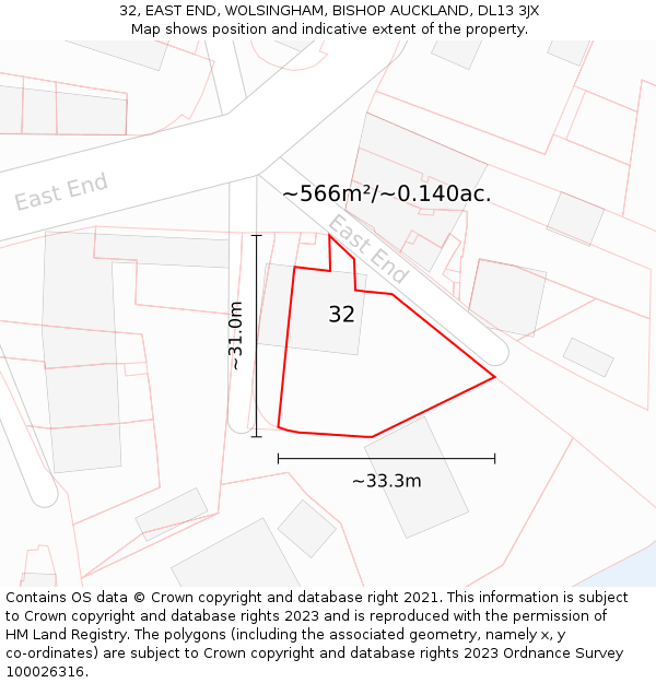 32, EAST END, WOLSINGHAM, BISHOP AUCKLAND, DL13 3JX: Plot and title map