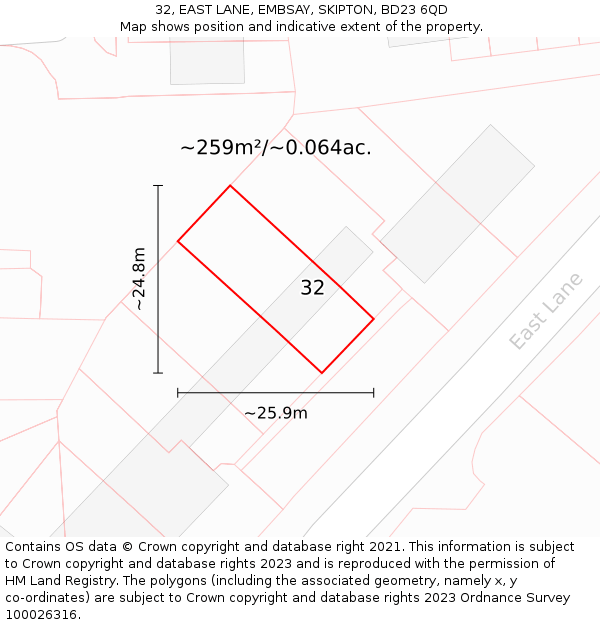 32, EAST LANE, EMBSAY, SKIPTON, BD23 6QD: Plot and title map