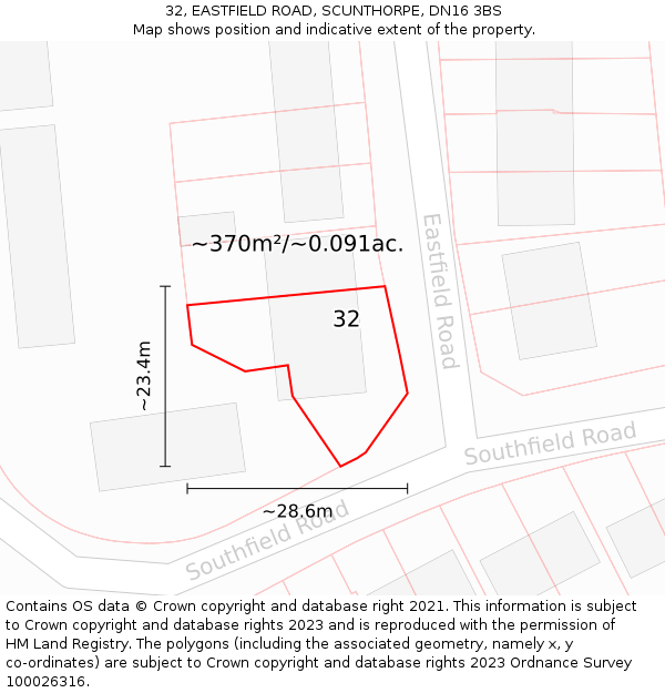 32, EASTFIELD ROAD, SCUNTHORPE, DN16 3BS: Plot and title map