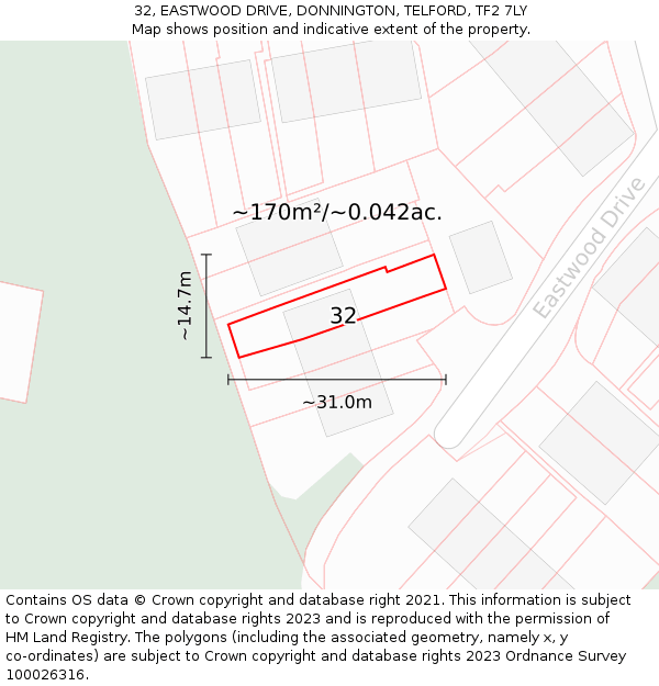 32, EASTWOOD DRIVE, DONNINGTON, TELFORD, TF2 7LY: Plot and title map