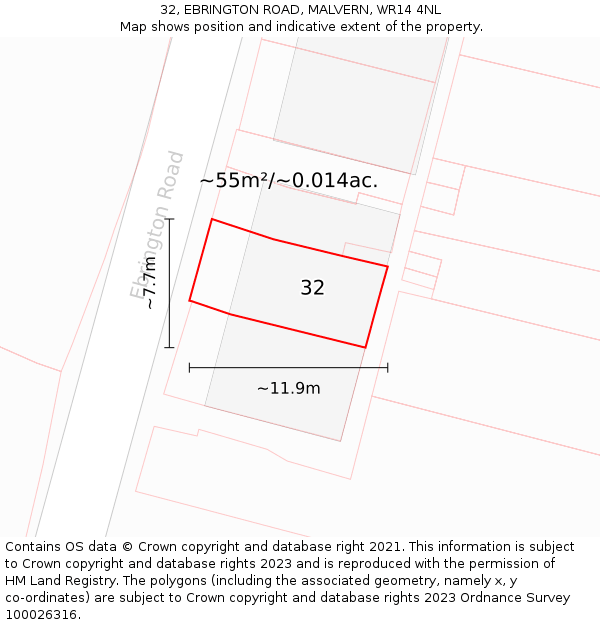 32, EBRINGTON ROAD, MALVERN, WR14 4NL: Plot and title map