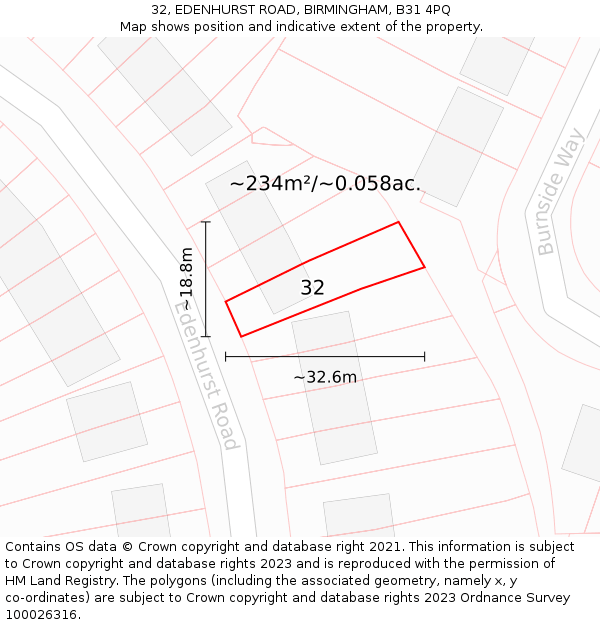 32, EDENHURST ROAD, BIRMINGHAM, B31 4PQ: Plot and title map