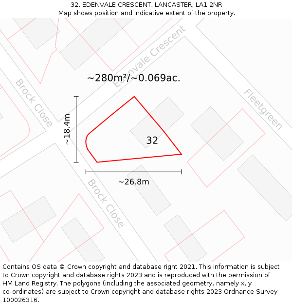 32, EDENVALE CRESCENT, LANCASTER, LA1 2NR: Plot and title map
