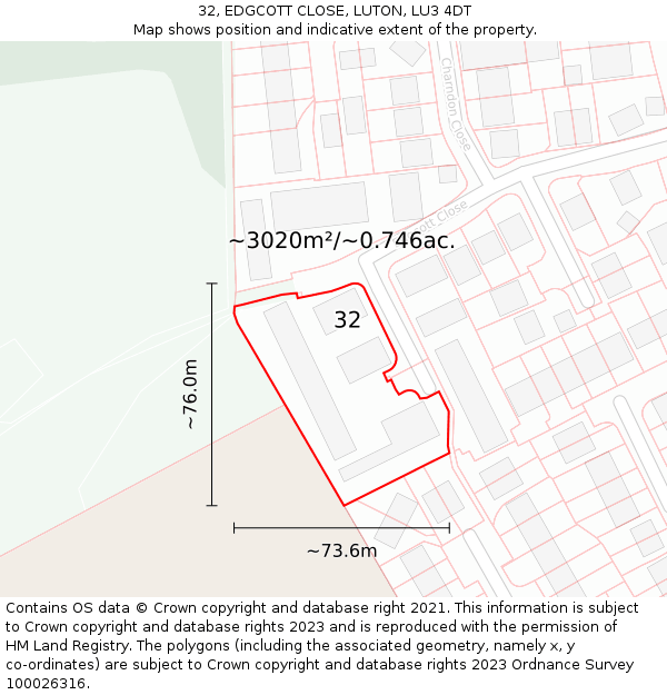 32, EDGCOTT CLOSE, LUTON, LU3 4DT: Plot and title map