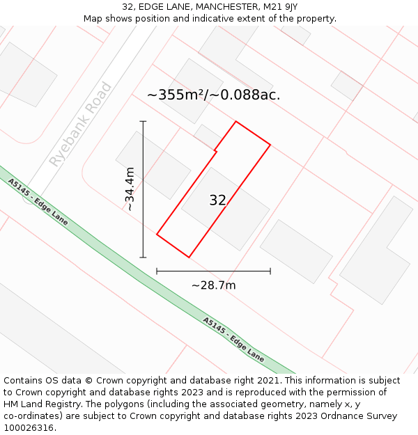 32, EDGE LANE, MANCHESTER, M21 9JY: Plot and title map