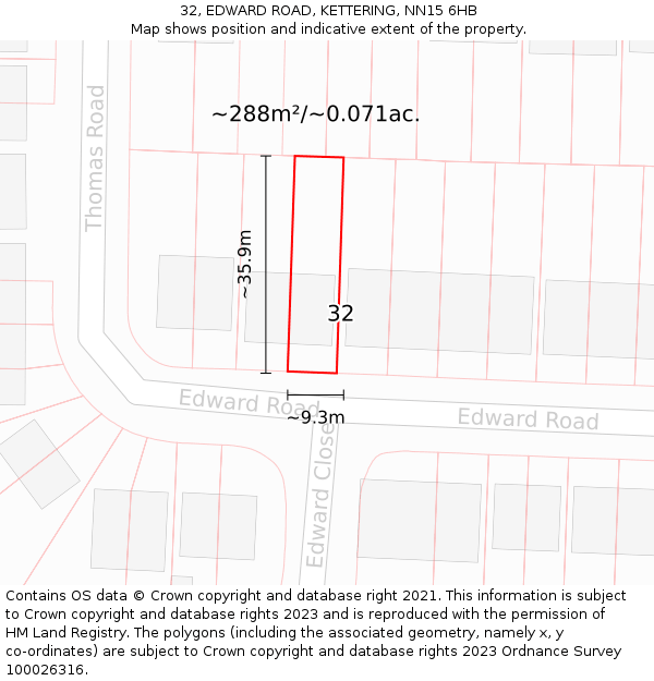 32, EDWARD ROAD, KETTERING, NN15 6HB: Plot and title map