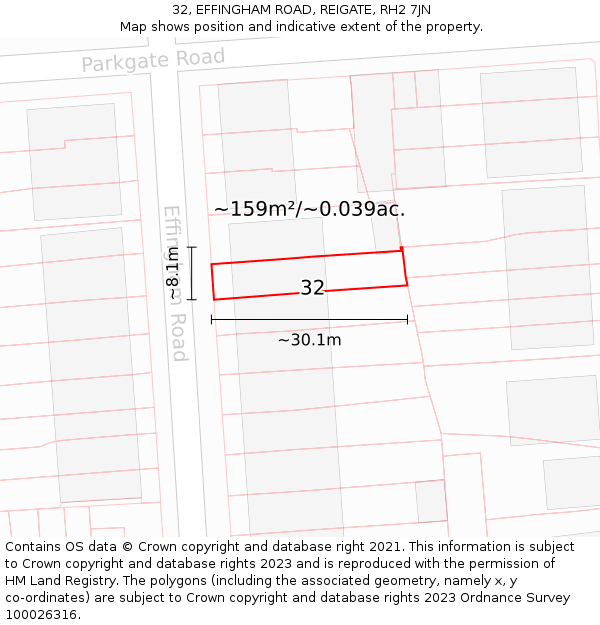 32, EFFINGHAM ROAD, REIGATE, RH2 7JN: Plot and title map