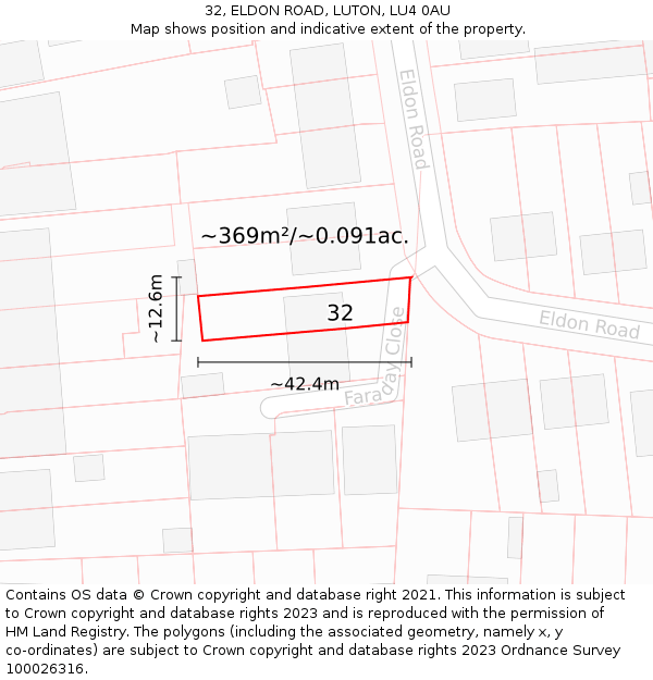 32, ELDON ROAD, LUTON, LU4 0AU: Plot and title map