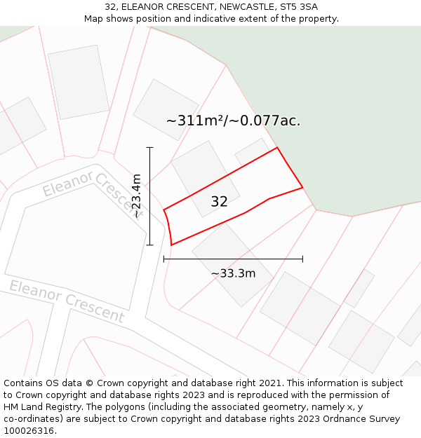 32, ELEANOR CRESCENT, NEWCASTLE, ST5 3SA: Plot and title map