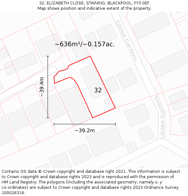 32, ELIZABETH CLOSE, STAINING, BLACKPOOL, FY3 0EF: Plot and title map