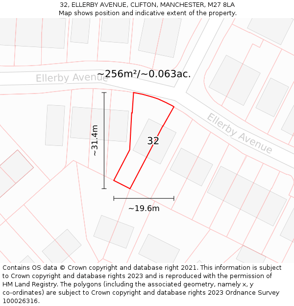 32, ELLERBY AVENUE, CLIFTON, MANCHESTER, M27 8LA: Plot and title map