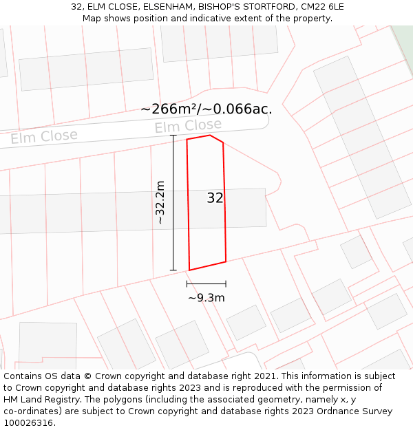 32, ELM CLOSE, ELSENHAM, BISHOP'S STORTFORD, CM22 6LE: Plot and title map
