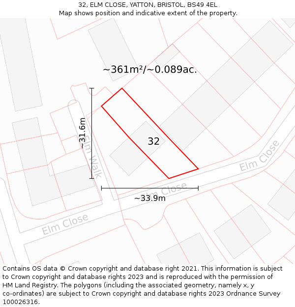 32, ELM CLOSE, YATTON, BRISTOL, BS49 4EL: Plot and title map