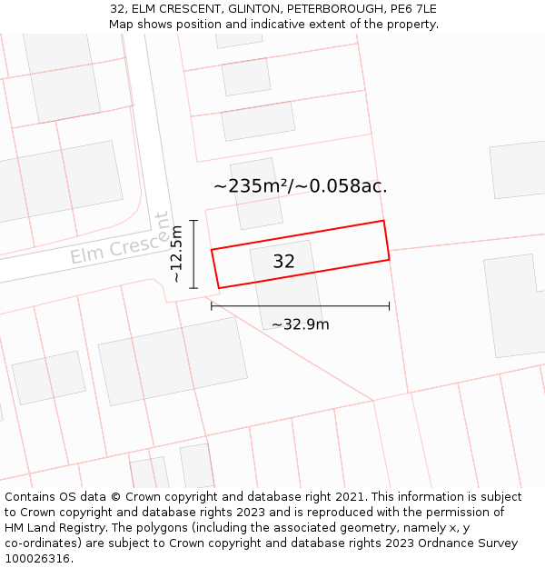 32, ELM CRESCENT, GLINTON, PETERBOROUGH, PE6 7LE: Plot and title map