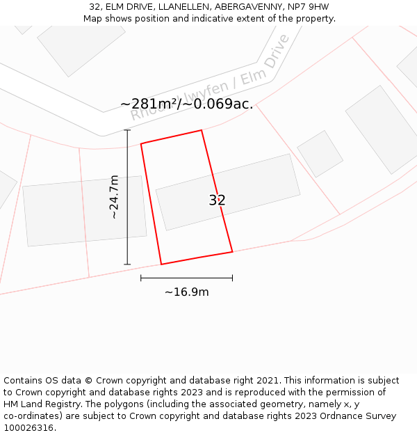 32, ELM DRIVE, LLANELLEN, ABERGAVENNY, NP7 9HW: Plot and title map