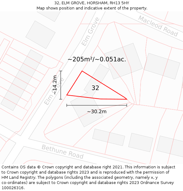 32, ELM GROVE, HORSHAM, RH13 5HY: Plot and title map